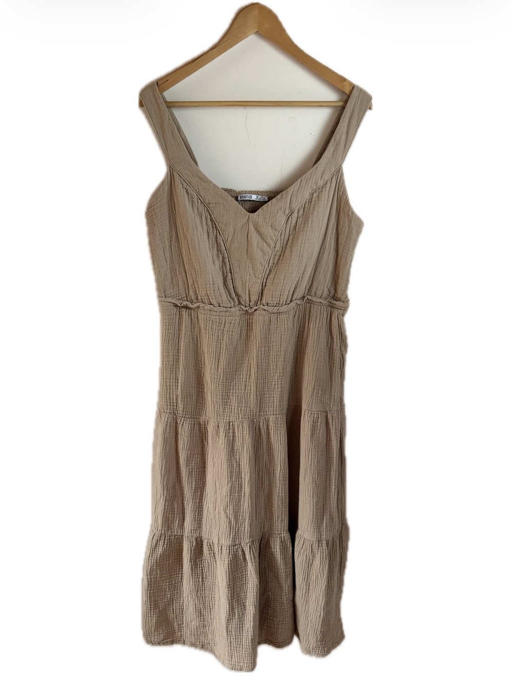 Devoted Sleeveless Tiered Cotton Gauze Midi Dress Beige